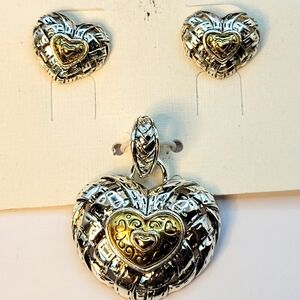 Two Tone Heart Pendant and Earring set Mixed Metals Weave Design